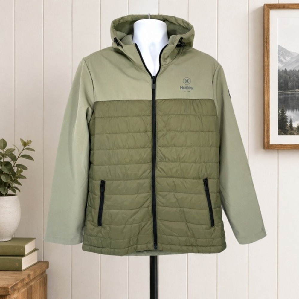 Hurley Hybrid Puffer Softshell Jacket Mens L Olive Green Hooded Full Zip